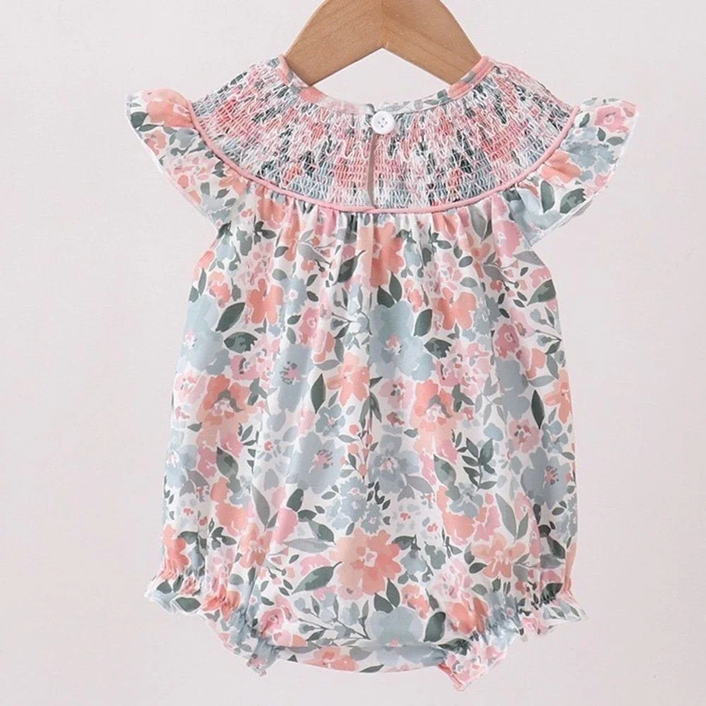 Abby & Evie Baby Girl Floral Smocked Bubble Romper Pink Blue 12M NWT